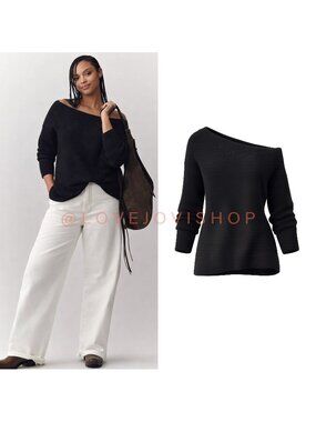Curvy | Treasure & Bond Off Shoulder Ribbed Pullover Sweater | Black | Feminine